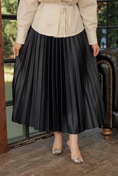 Parlak Pliseli Etek Lacivert