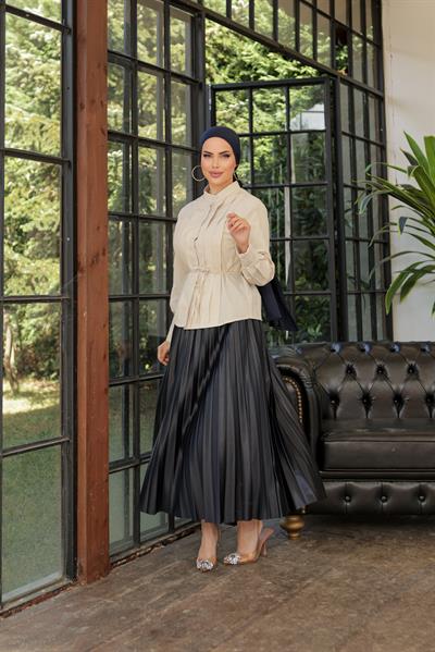 Parlak Pliseli Etek Lacivert