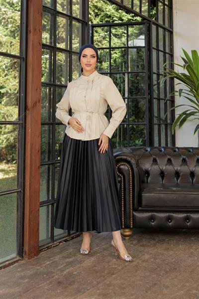 Parlak Pliseli Etek Lacivert