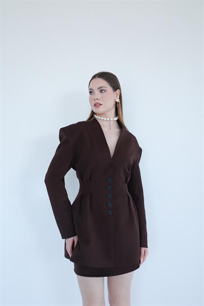 Pens Detaylı Ceket Etek Takım Kahve