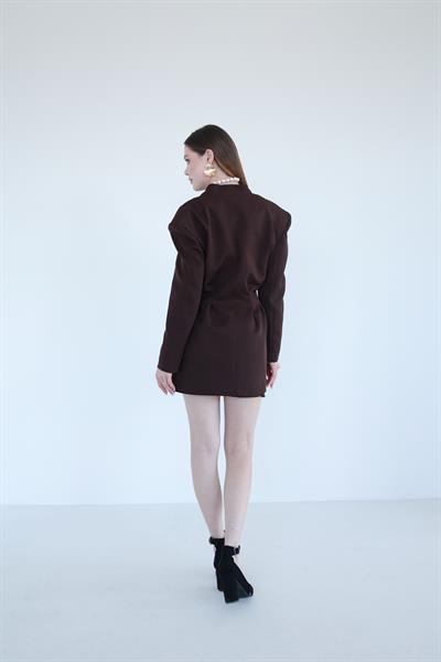 Pens Detaylı Ceket Etek Takım Kahve