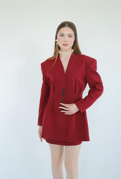 Pens Detaylı Ceket Etek Takım Kırmızı