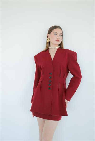 Pens Detaylı Ceket Etek Takım Kırmızı
