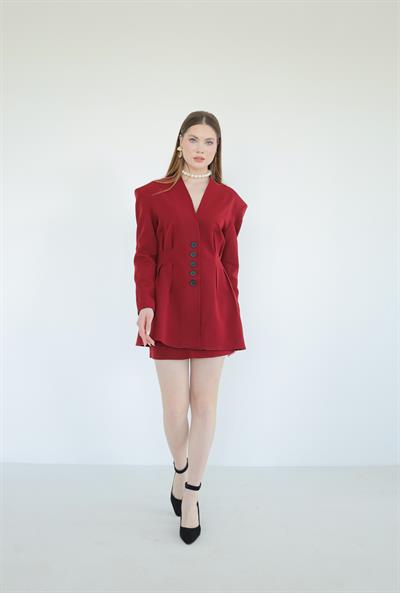 Pens Detaylı Ceket Etek Takım Kırmızı
