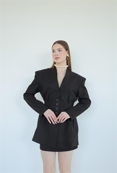 Pens Detaylı Ceket Etek Takım Siyah