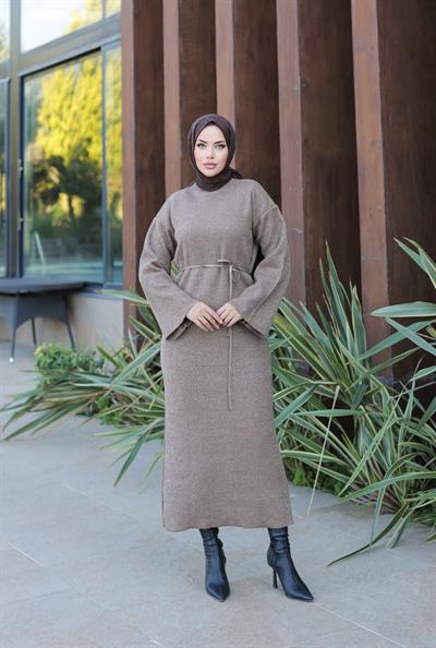 Simli Triko Elbise Krem