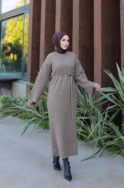 Simli Triko Elbise Krem