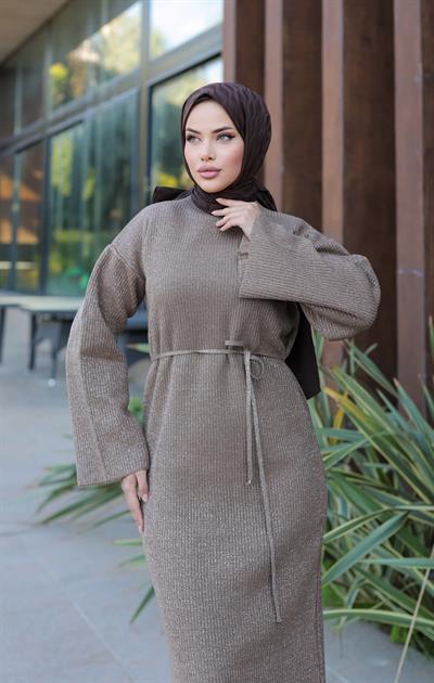 Simli Triko Elbise Krem