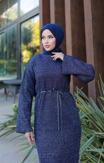 Simli Triko Elbise Lacivert