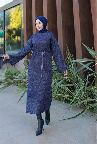 Simli Triko Elbise Lacivert
