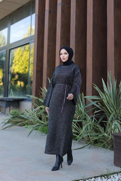 Simli Triko Elbise Siyah