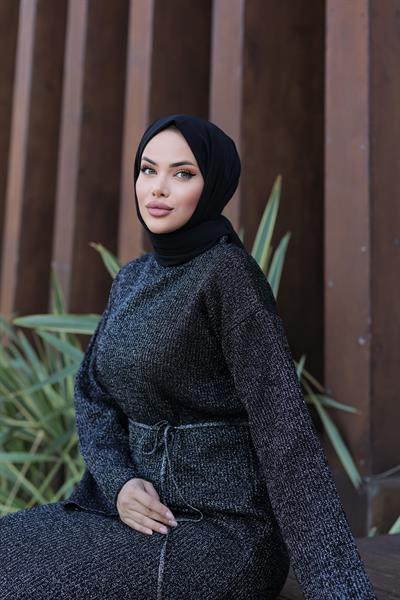 Simli Triko Elbise Siyah