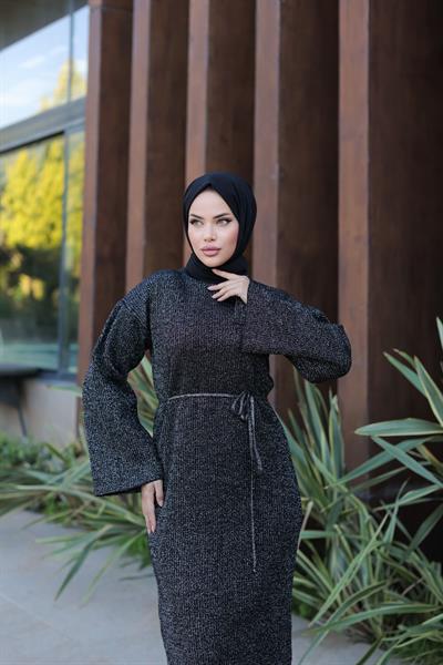 Simli Triko Elbise Siyah