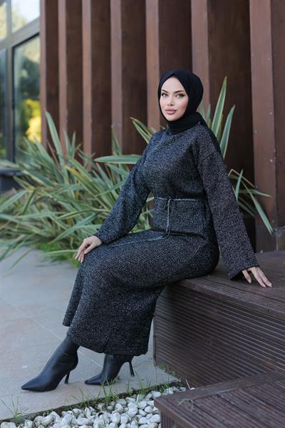 Simli Triko Elbise Siyah