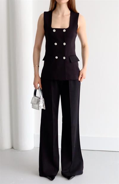 Taş Düğmeli Yelek Takım Siyah