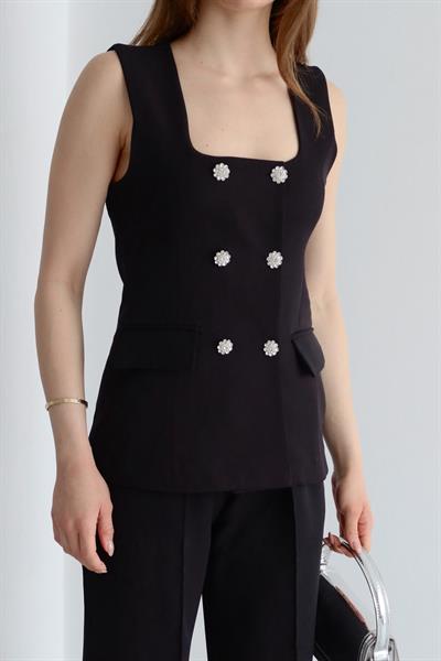 Taş Düğmeli Yelek Takım Siyah