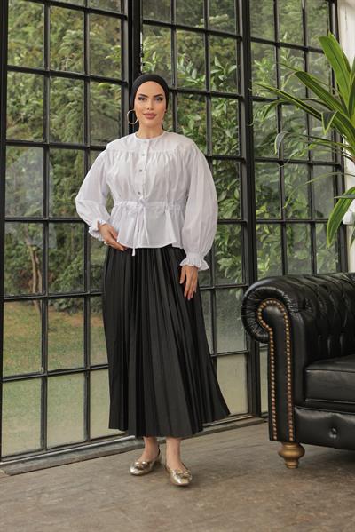 Tünelli Kolu Lastikli Gömlek Beyaz