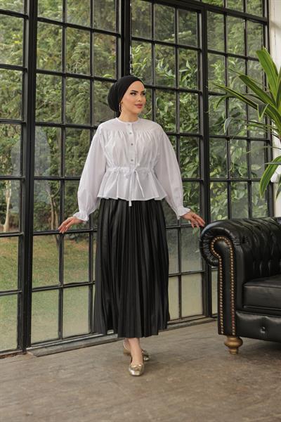 Tünelli Kolu Lastikli Gömlek Beyaz