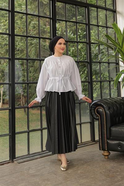 Tünelli Kolu Lastikli Gömlek Beyaz