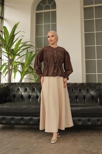 Tünelli Kolu Lastikli Gömlek Kahve