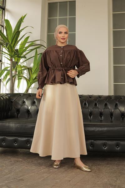 Tünelli Kolu Lastikli Gömlek Kahve