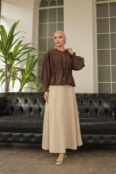 Tünelli Kolu Lastikli Gömlek Kahve