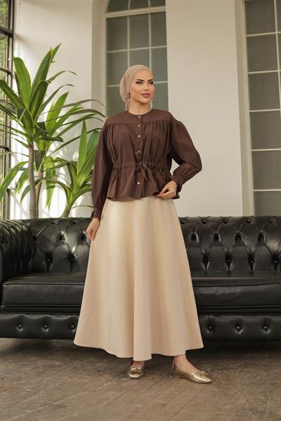 Tünelli Kolu Lastikli Gömlek Kahve