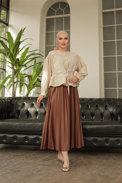 Tünelli Kolu Lastikli Gömlek Krem