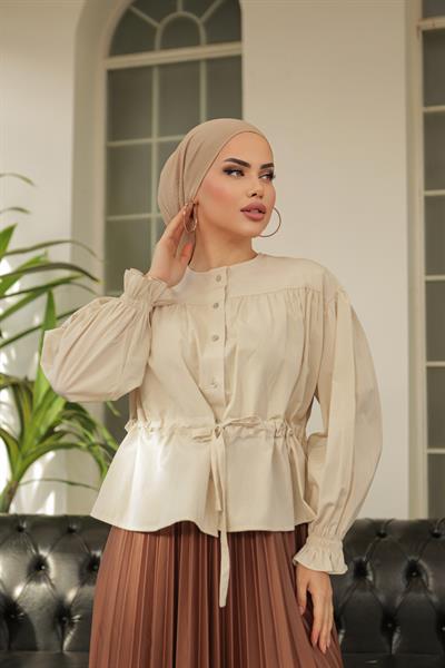 Tünelli Kolu Lastikli Gömlek Krem