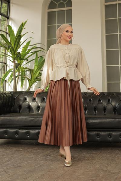 Tünelli Kolu Lastikli Gömlek Krem