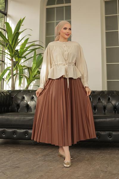 Tünelli Kolu Lastikli Gömlek Krem