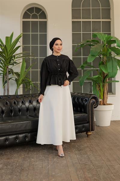 Tünelli Kolu Lastikli Gömlek Siyah