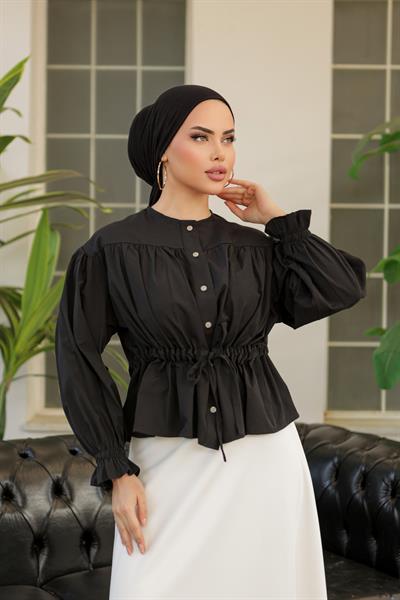 Tünelli Kolu Lastikli Gömlek Siyah