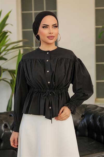 Tünelli Kolu Lastikli Gömlek Siyah