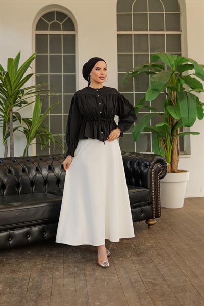 Tünelli Kolu Lastikli Gömlek Siyah