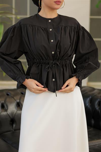 Tünelli Kolu Lastikli Gömlek Siyah