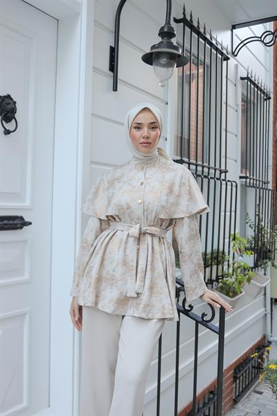 Varak Baskılı Pelerinli Takım Krem