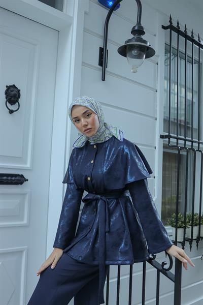 Varak Baskılı Pelerinli Takım Lacivert