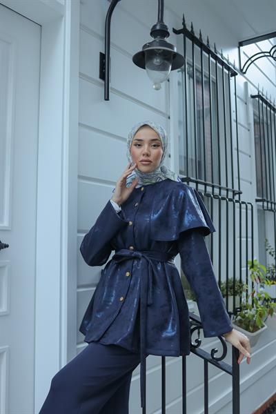 Varak Baskılı Pelerinli Takım Lacivert