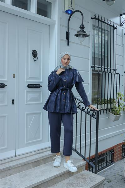 Varak Baskılı Pelerinli Takım Lacivert