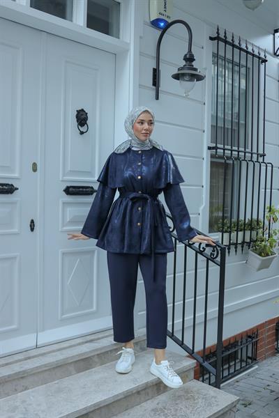 Varak Baskılı Pelerinli Takım Lacivert