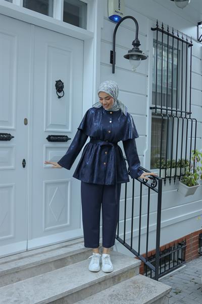 Varak Baskılı Pelerinli Takım Lacivert