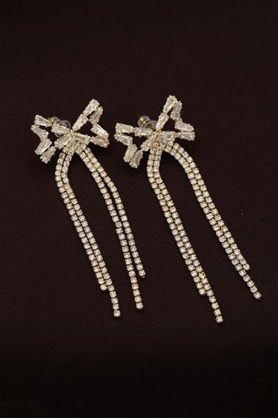 Çelik Altın Renk Baget ve Zirkon Taşlı Fiyonk Detaylı Uzun Küpe