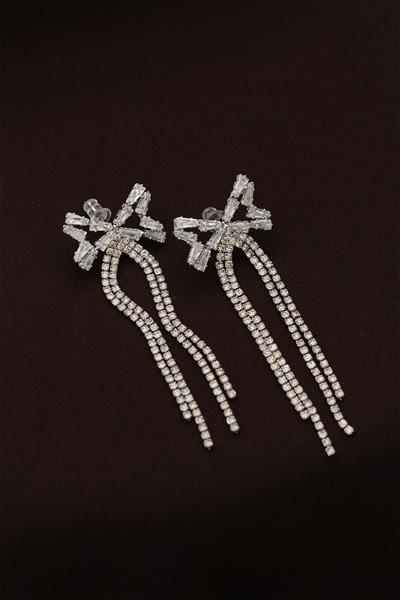 Çelik Gümüş Renk Baget ve Zirkon Taşlı Fiyonk Detaylı Uzun Küpe