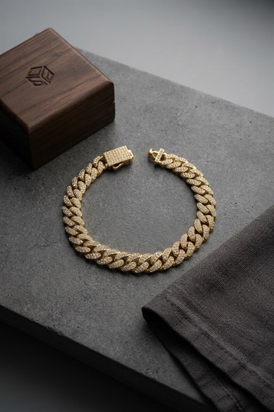 Cuban Zincir Model Zirkon Taşlı Gold Renk Erkek Bileklik