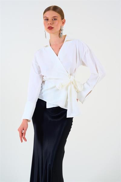 Düz Yandan Bağlamalı Gömlek - Ekru