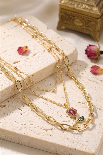 Gold Renk Lale Detaylı Kombin Kadın Kolye