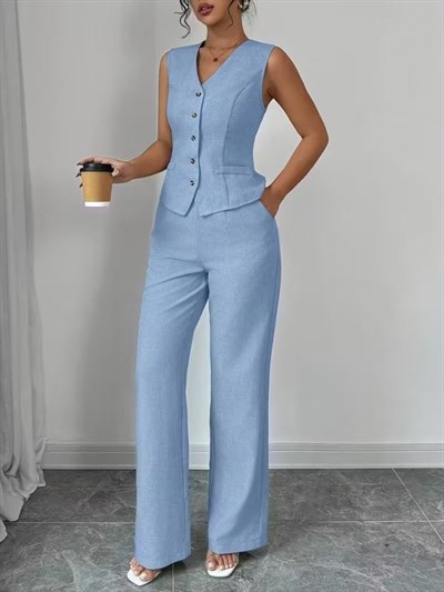 Kadın Askılı önden Düğmeli Bluz Ve Pantolon Keten Ikili Takım