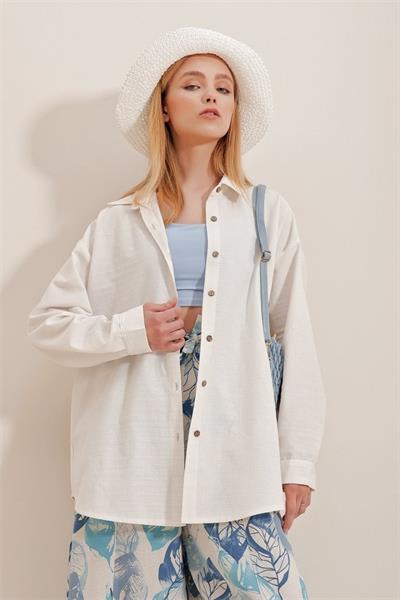 Kadın Keten Kumaş Oversize Gömlek