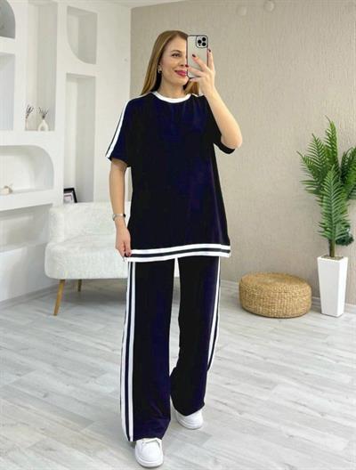 Kadın Kısa Kollu Bisiklet Yaka çift Renk şerit Detaylı Viskon Iki Iplik Bluz Ve Pantolon Ikili Takım